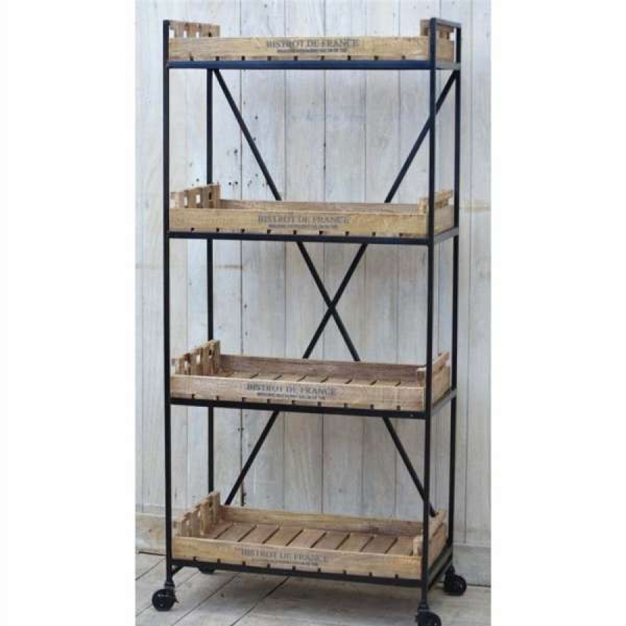 Philbee Interiors Online Bistrot De France Industiral Solid Mango Wood Timber And Iron Display Shelf With Castors Clearance